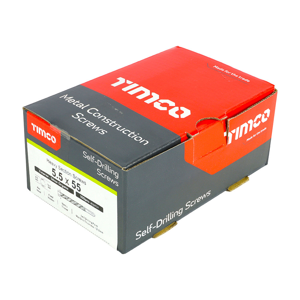 This is an image showing TIMCO Metal Construction Heavy Section Screws - Hex - Self-Drilling - Exterior - Silver Organic - 5.5 x 55 - 100 Pieces Box available from T.H Wiggans Ironmongery in Kendal, quick delivery at discounted prices.