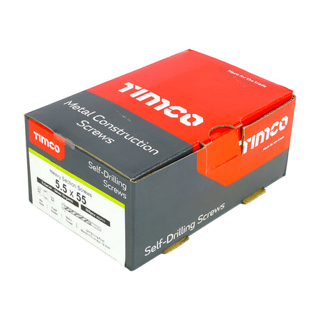 This is an image showing TIMCO Metal Construction Heavy Section Screws - Hex - Self-Drilling - Exterior - Silver Organic - 5.5 x 55 - 100 Pieces Box available from T.H Wiggans Ironmongery in Kendal, quick delivery at discounted prices.