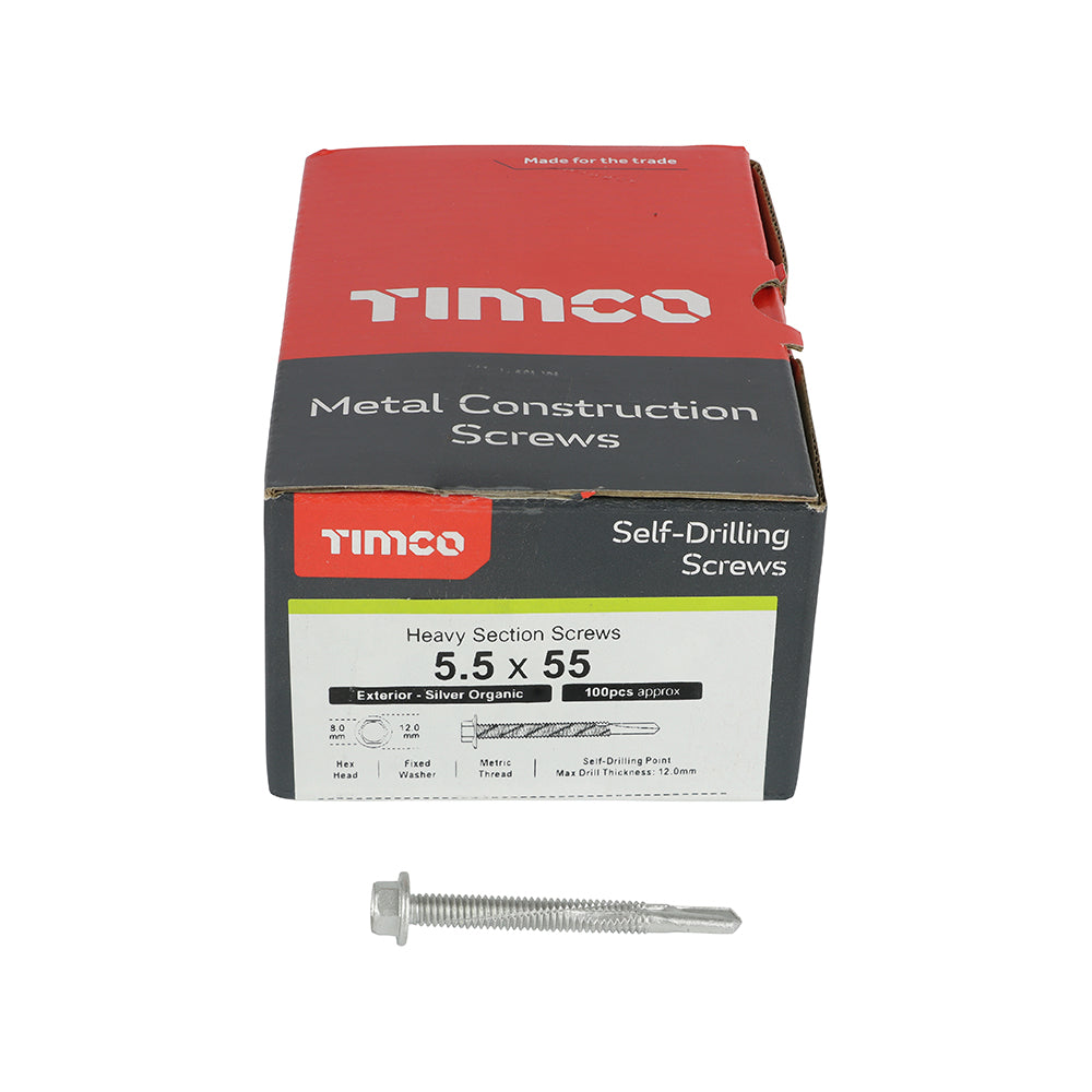 This is an image showing TIMCO Metal Construction Heavy Section Screws - Hex - Self-Drilling - Exterior - Silver Organic - 5.5 x 55 - 100 Pieces Box available from T.H Wiggans Ironmongery in Kendal, quick delivery at discounted prices.