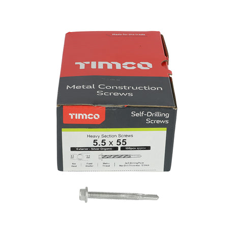 This is an image showing TIMCO Metal Construction Heavy Section Screws - Hex - Self-Drilling - Exterior - Silver Organic - 5.5 x 55 - 100 Pieces Box available from T.H Wiggans Ironmongery in Kendal, quick delivery at discounted prices.