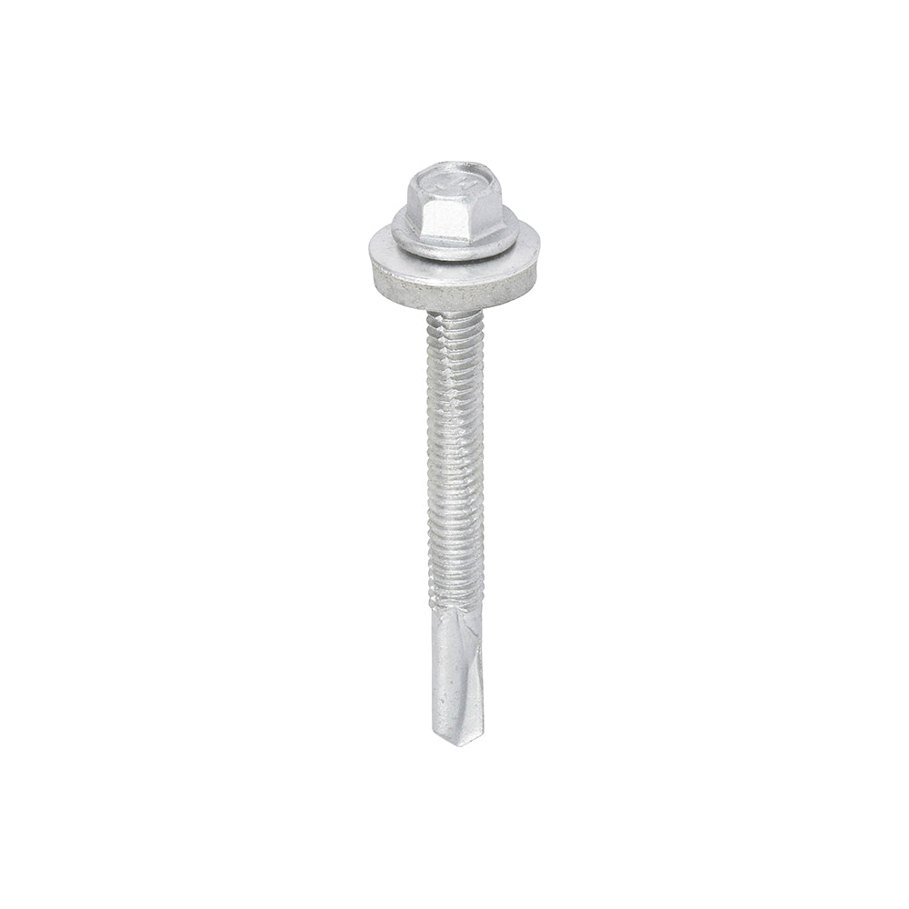 This is an image showing TIMCO Metal Construction Heavy Section Screws - Hex - EPDM Washer - Self-Drilling - Exterior - Silver Organic - 5.5 x 55 - 100 Pieces Box available from T.H Wiggans Ironmongery in Kendal, quick delivery at discounted prices.