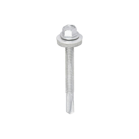 This is an image showing TIMCO Metal Construction Heavy Section Screws - Hex - EPDM Washer - Self-Drilling - Exterior - Silver Organic - 5.5 x 55 - 100 Pieces Box available from T.H Wiggans Ironmongery in Kendal, quick delivery at discounted prices.