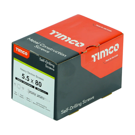 This is an image showing TIMCO Metal Construction Heavy Section Screws - Hex - Self-Drilling - Exterior - Silver Organic - 5.5 x 80 - 100 Pieces Box available from T.H Wiggans Ironmongery in Kendal, quick delivery at discounted prices.