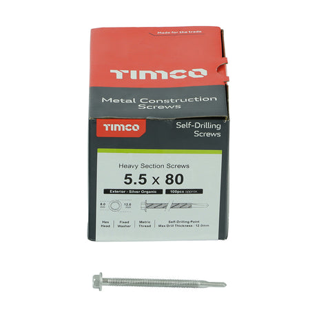 This is an image showing TIMCO Metal Construction Heavy Section Screws - Hex - Self-Drilling - Exterior - Silver Organic - 5.5 x 80 - 100 Pieces Box available from T.H Wiggans Ironmongery in Kendal, quick delivery at discounted prices.