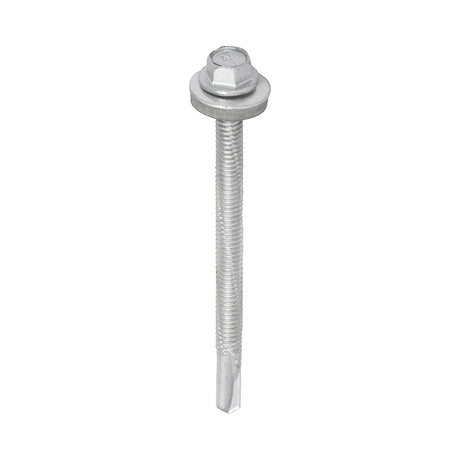 This is an image showing TIMCO Metal Construction Heavy Section Screws - Hex - EPDM Washer - Self-Drilling - Exterior - Silver Organic - 5.5 x 80 - 100 Pieces Box available from T.H Wiggans Ironmongery in Kendal, quick delivery at discounted prices.