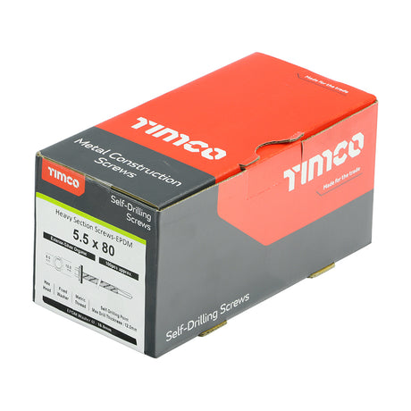 This is an image showing TIMCO Metal Construction Heavy Section Screws - Hex - EPDM Washer - Self-Drilling - Exterior - Silver Organic - 5.5 x 80 - 100 Pieces Box available from T.H Wiggans Ironmongery in Kendal, quick delivery at discounted prices.