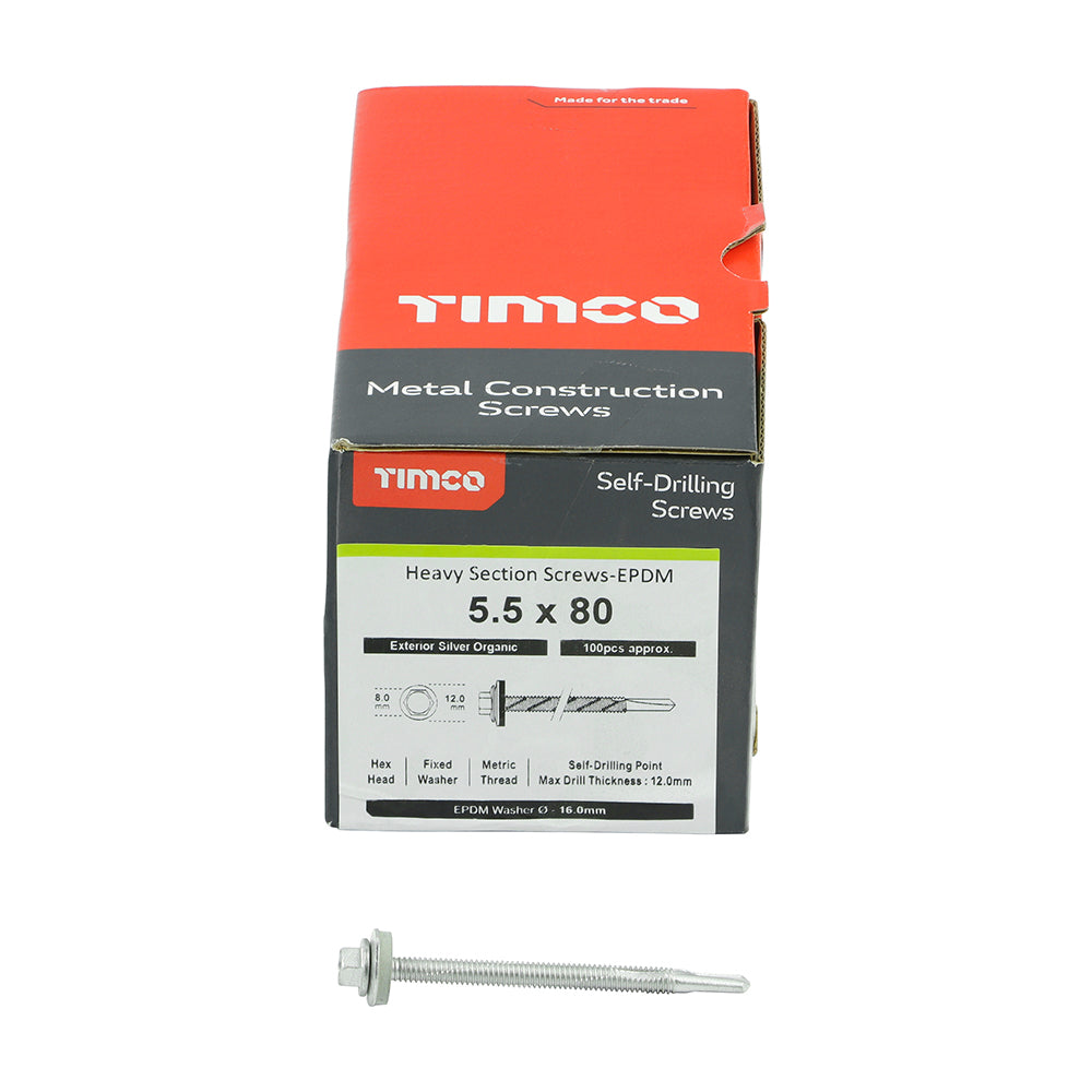 This is an image showing TIMCO Metal Construction Heavy Section Screws - Hex - EPDM Washer - Self-Drilling - Exterior - Silver Organic - 5.5 x 80 - 100 Pieces Box available from T.H Wiggans Ironmongery in Kendal, quick delivery at discounted prices.