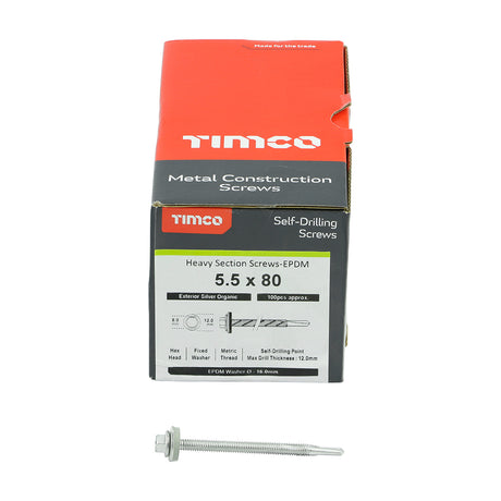 This is an image showing TIMCO Metal Construction Heavy Section Screws - Hex - EPDM Washer - Self-Drilling - Exterior - Silver Organic - 5.5 x 80 - 100 Pieces Box available from T.H Wiggans Ironmongery in Kendal, quick delivery at discounted prices.