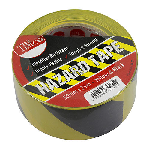 This is an image showing TIMCO Hazard Tape - Yellow & Black - 33m x 50mm - 1 Each Roll available from T.H Wiggans Ironmongery in Kendal, quick delivery at discounted prices.