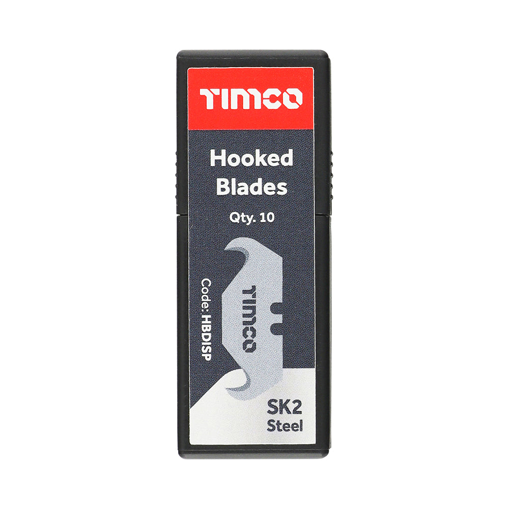 This is an image showing TIMCO Hooked Utility Knife Blades - 51 x 19 x 0.6 - 10 Pieces Backing Card available from T.H Wiggans Ironmongery in Kendal, quick delivery at discounted prices.