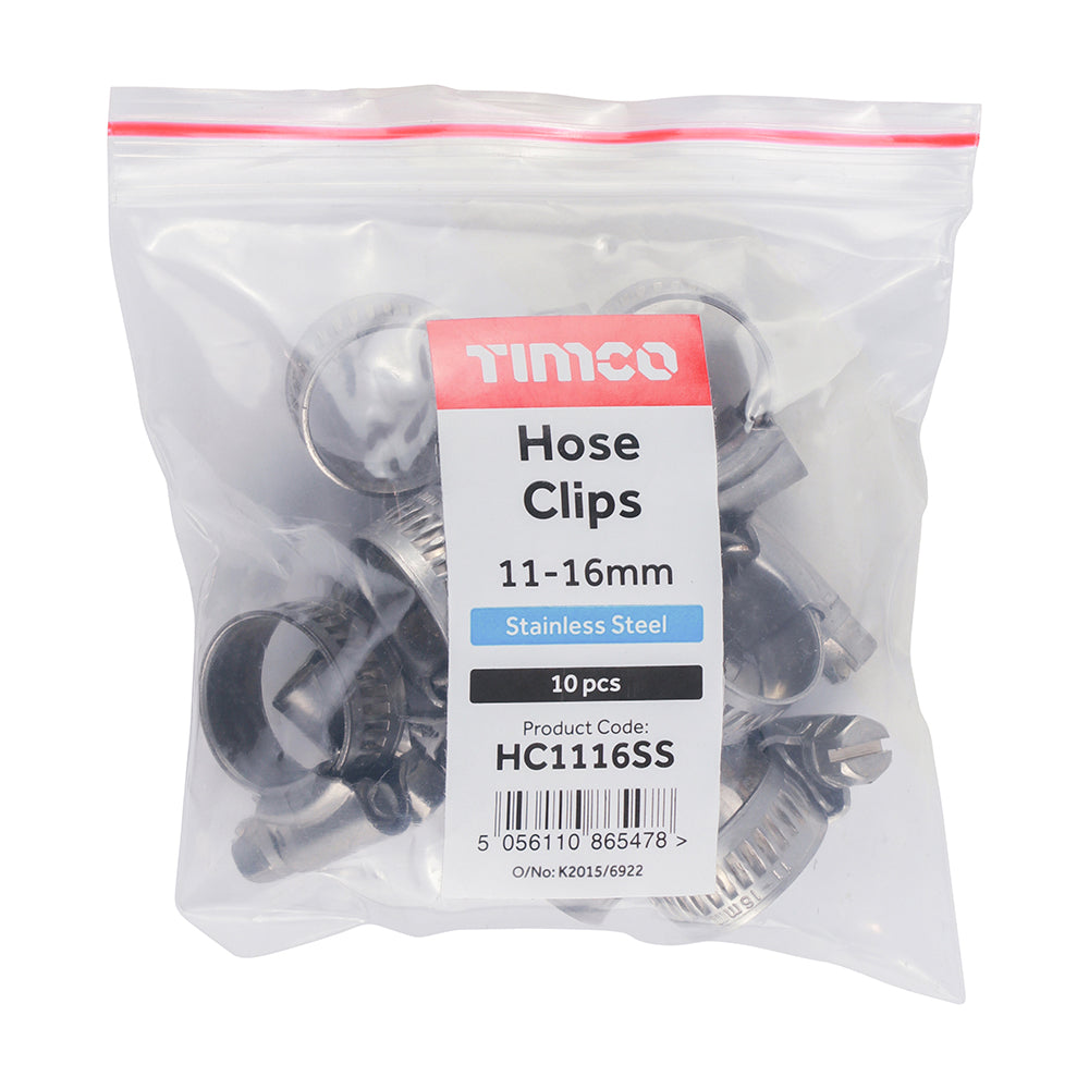 This is an image showing TIMCO Hose Clips - Stainless Steel - 11 - 16mm - 10 Pieces Bag available from T.H Wiggans Ironmongery in Kendal, quick delivery at discounted prices.