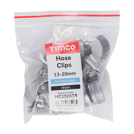 This is an image showing TIMCO Hose Clips - Stainless Steel - 13 - 20mm - 10 Pieces Bag available from T.H Wiggans Ironmongery in Kendal, quick delivery at discounted prices.