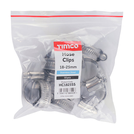 This is an image showing TIMCO Hose Clips - Stainless Steel - 18 - 25mm - 10 Pieces Bag available from T.H Wiggans Ironmongery in Kendal, quick delivery at discounted prices.