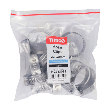 This is an image showing TIMCO Hose Clips - Stainless Steel - 22 - 30mm - 10 Pieces Bag available from T.H Wiggans Ironmongery in Kendal, quick delivery at discounted prices.