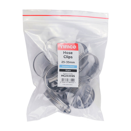 This is an image showing TIMCO Hose Clips - Stainless Steel - 25 - 35mm - 10 Pieces Bag available from T.H Wiggans Ironmongery in Kendal, quick delivery at discounted prices.