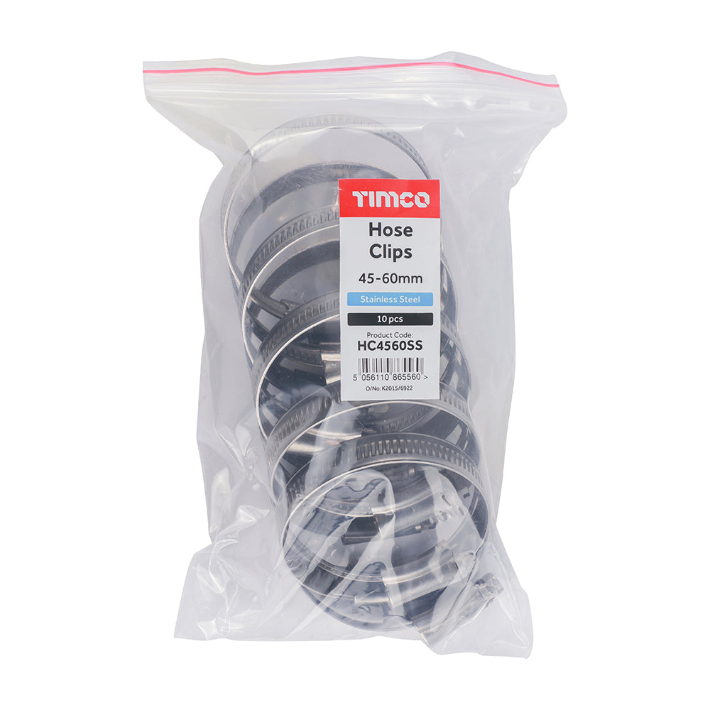 This is an image showing TIMCO Hose Clips - Stainless Steel - 45 - 60mm - 10 Pieces Bag available from T.H Wiggans Ironmongery in Kendal, quick delivery at discounted prices.