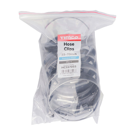 This is an image showing TIMCO Hose Clips - Stainless Steel - 55 - 70mm - 10 Pieces Bag available from T.H Wiggans Ironmongery in Kendal, quick delivery at discounted prices.