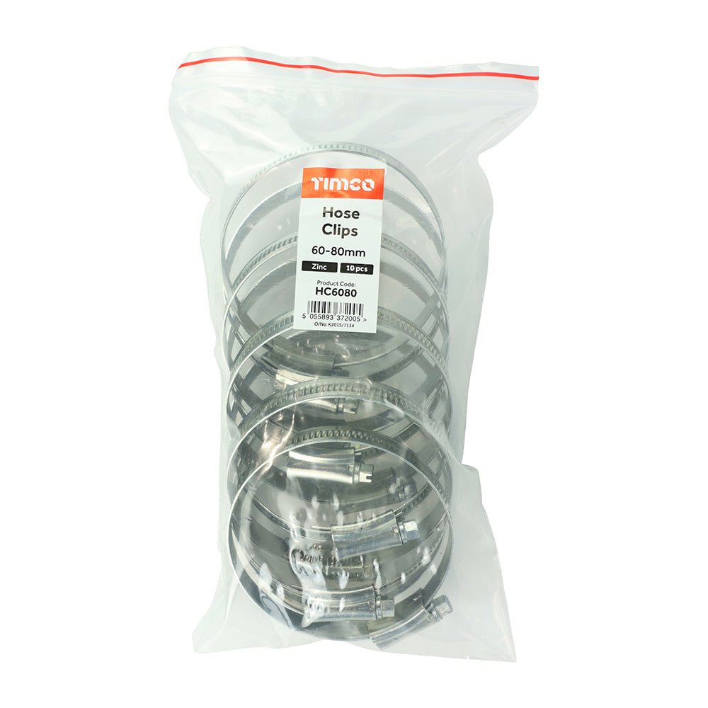 This is an image showing TIMCO Hose Clips - Zinc - 60 - 80mm - 10 Pieces Bag available from T.H Wiggans Ironmongery in Kendal, quick delivery at discounted prices.