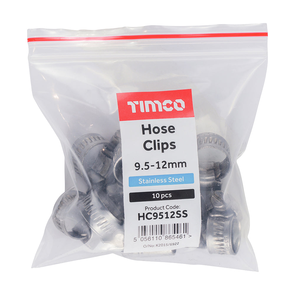 This is an image showing TIMCO Hose Clips - Stainless Steel - 9.5 - 12mm - 10 Pieces Bag available from T.H Wiggans Ironmongery in Kendal, quick delivery at discounted prices.