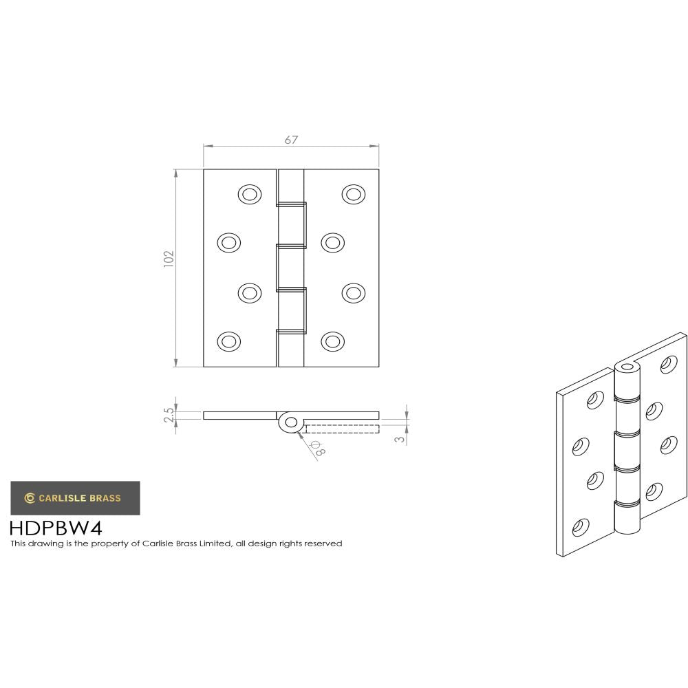 This image is a line drwaing of a Carlisle Brass - 102 x 67mm Double Phos. Bronze Washer Hinge - Polished Lacq available to order from T.H Wiggans Architectural Ironmongery in in Kendal