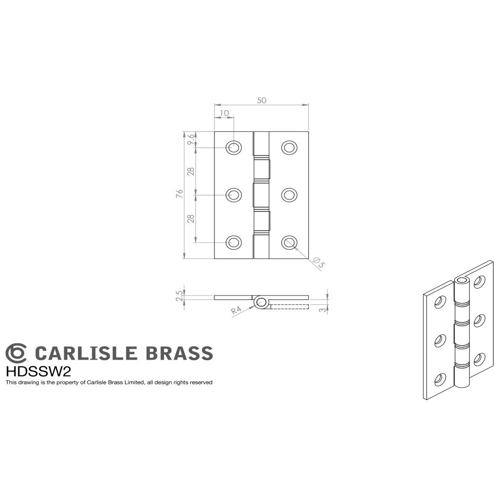 This image is a line drwaing of a Carlisle Brass - 76 x 50mm Dbl S/Steel Washer Brass Hinge - Satin Chrome available to order from T.H Wiggans Architectural Ironmongery in Kendal