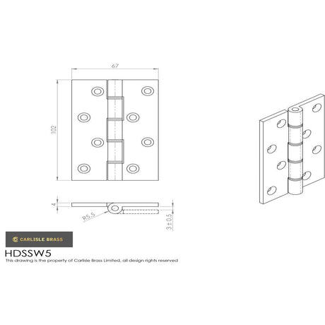 This image is a line drwaing of a Carlisle Brass - 102 x 57mm Dbl S/Steel Washer Brass Hinge - Satin Chrome available to order from T.H Wiggans Architectural Ironmongery in Kendal