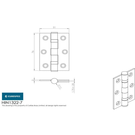 This image is a line drwaing of a Eurospec - Grade 7 Ball Bearing Hinge 76 x 51mm - Antique Brass available to order from T.H Wiggans Architectural Ironmongery in Kendal