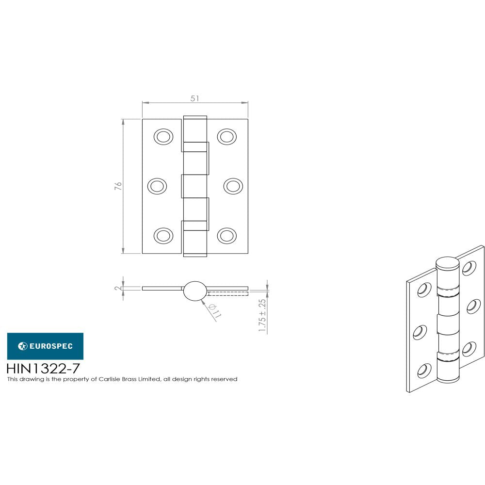 This image is a line drwaing of a Eurospec - Grade 7 Ball Bearing Hinge 76 x 51mm - Satin Nickel available to order from T.H Wiggans Architectural Ironmongery in Kendal