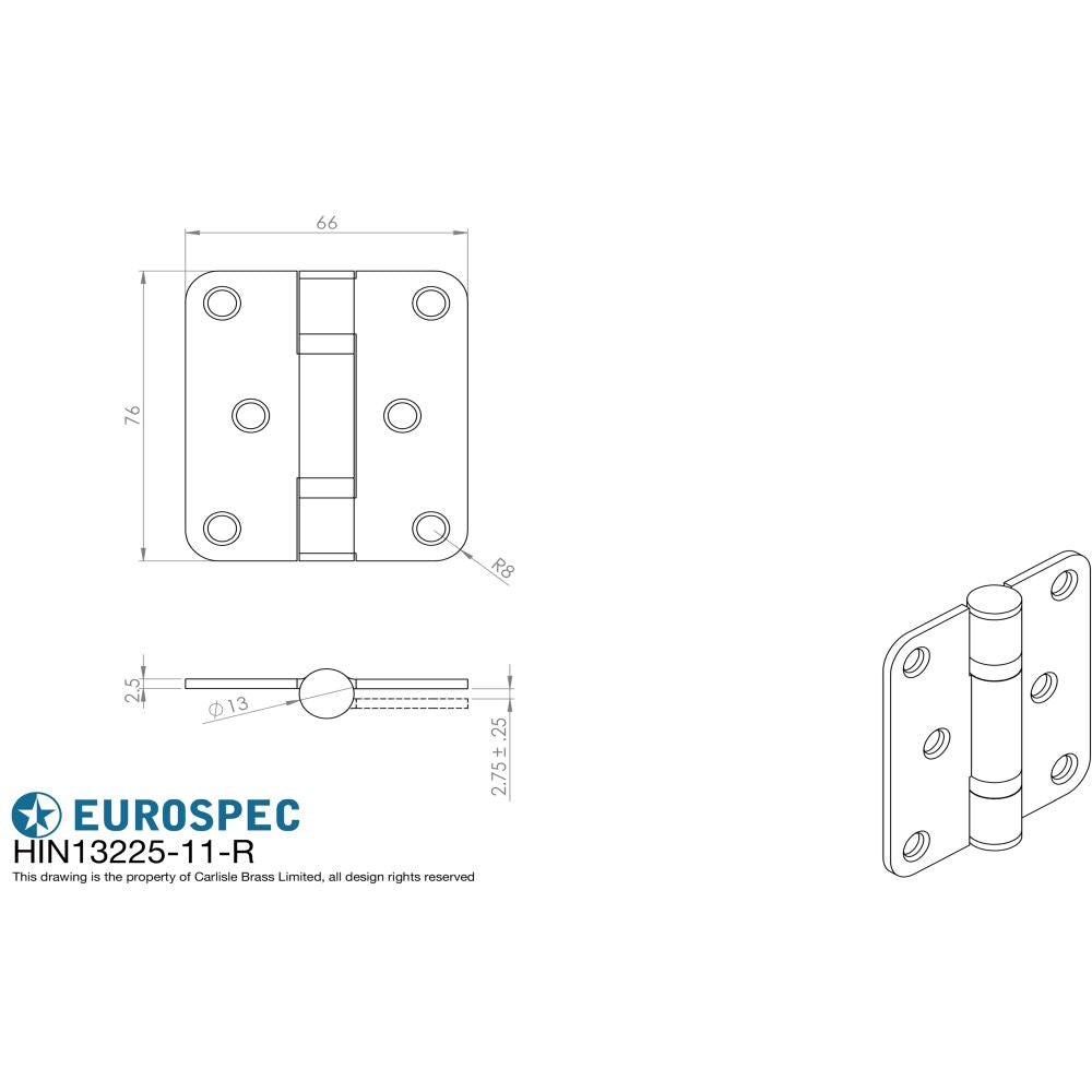 This image is a line drwaing of a Eurospec - Enduro Grade 11 Ball Bearing Hinge Radius 76 x 66mm - SSS available to order from T.H Wiggans Architectural Ironmongery in Kendal