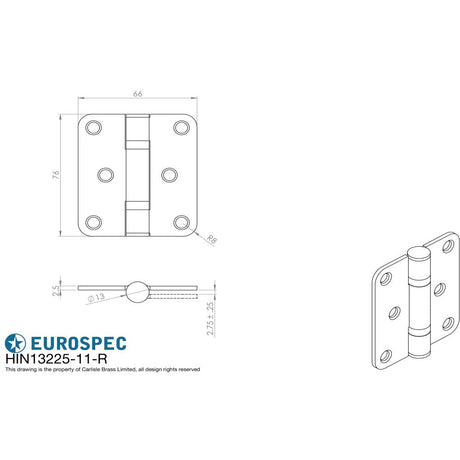 This image is a line drwaing of a Eurospec - Enduro Grade 11 Ball Bearing Hinge Radius 76 x 66mm - BSS available to order from T.H Wiggans Architectural Ironmongery in Kendal