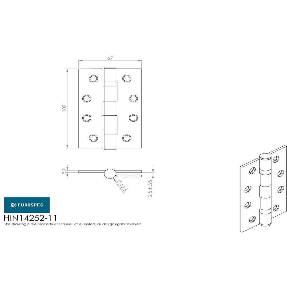 This image is a line drwaing of a Eurospec - Grade 11 Ball Bearing Hinge 102 x 67mm - SSS available to order from T.H Wiggans Architectural Ironmongery in Kendal