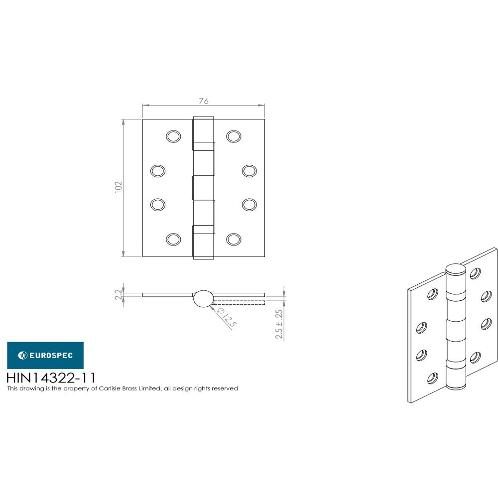 This image is a line drwaing of a Eurospec - Grade 11 Ball Bearing Hinge 102 x 76mm - BSS available to order from T.H Wiggans Architectural Ironmongery in in Kendal