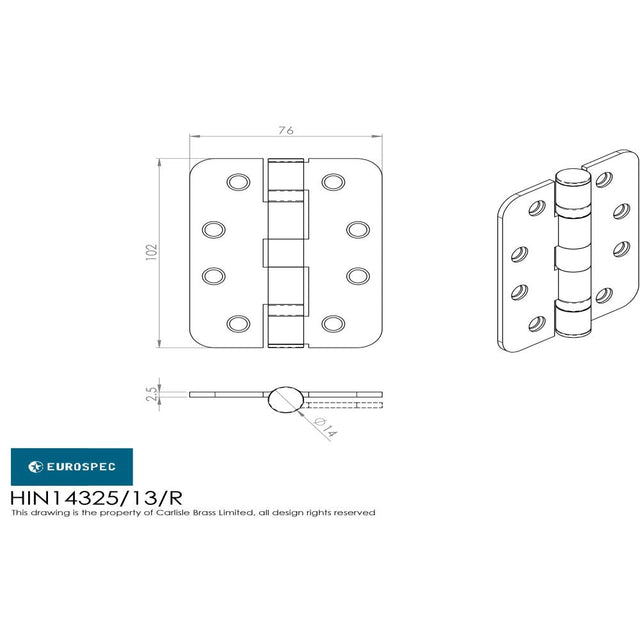 This image is a line drwaing of a Eurospec - One Pair - Hinge Grade 13 2.5Mm available to order from T.H Wiggans Architectural Ironmongery in in Kendal