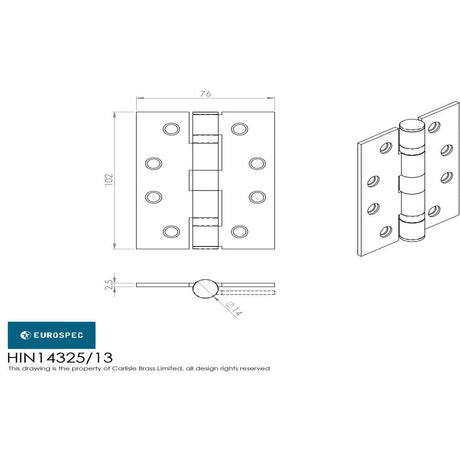 This image is a line drwaing of a Eurospec - Enduro Grade 13 Ball Bearing Hinge - SSS available to order from T.H Wiggans Architectural Ironmongery in Kendal