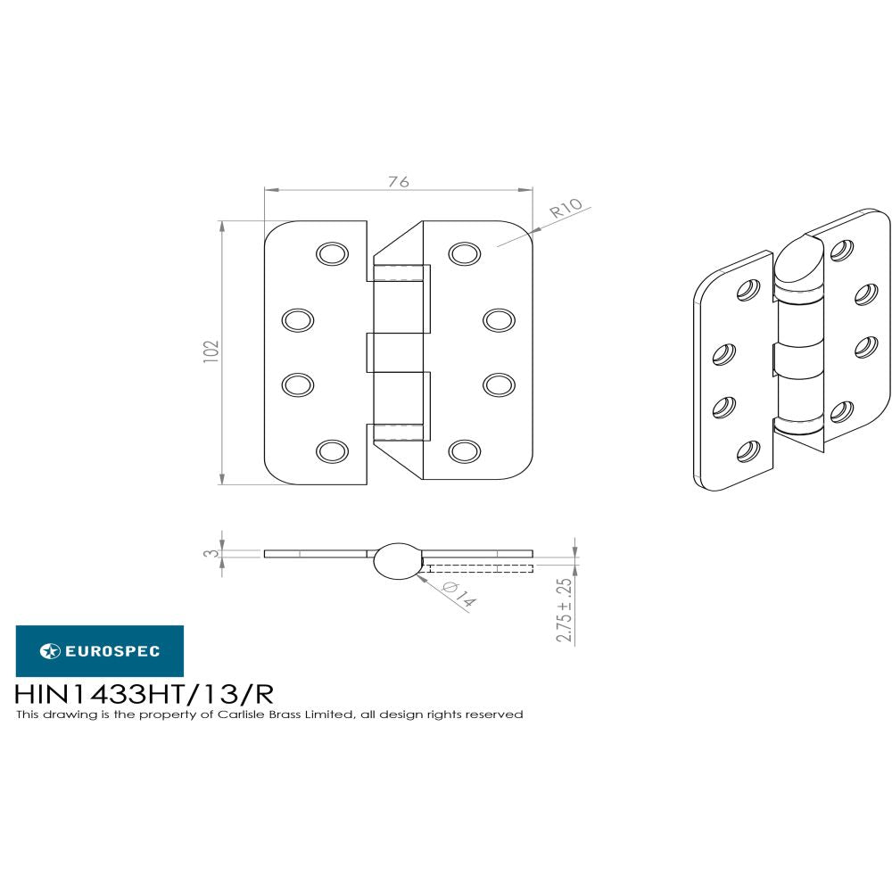 This image is a line drwaing of a Eurospec - Enduro Grade 13 Ball Bearing Hospital Tip Hinge Radius - SSS available to order from T.H Wiggans Architectural Ironmongery in Kendal