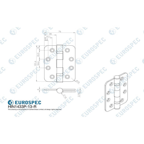 This image is a line drwaing of a Eurospec - Enduro Grade 13 Ball Bearing P Hinge Radius 102 x 76mm - SSS available to order from T.H Wiggans Architectural Ironmongery in Kendal