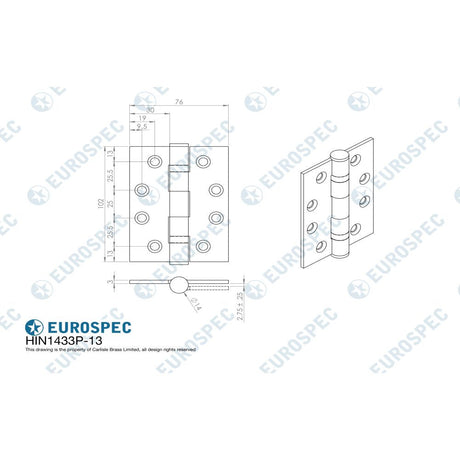 This image is a line drwaing of a Eurospec - Enduro Grade 13 Ball Bearing P Hinge Square 102 x 76mm - SSS available to order from T.H Wiggans Architectural Ironmongery in Kendal