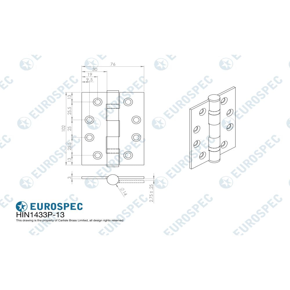 This image is a line drwaing of a Eurospec - Grade 13 Ball Bearing P Hinge Square 102 x 76mm - SB available to order from T.H Wiggans Architectural Ironmongery in Kendal