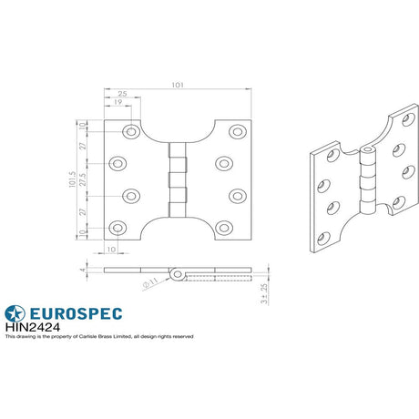 This image is a line drwaing of a Eurospec - Parliament Hinge 101 x 101mm - Polished Brass available to order from T.H Wiggans Architectural Ironmongery in in Kendal