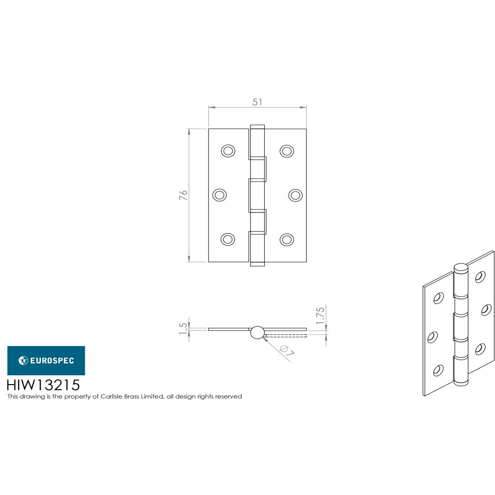 This image is a line drwaing of a Eurospec - Washered Hinge 76 x 51mm - SSS available to order from T.H Wiggans Architectural Ironmongery in in Kendal