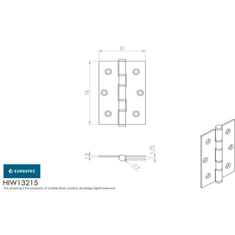 This image is a line drwaing of a Eurospec - Washered Hinge 76 x 51mm - SSS available to order from T.H Wiggans Architectural Ironmongery in in Kendal