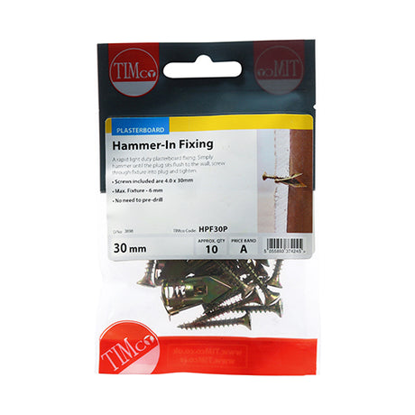 This is an image showing TIMCO Hammer-In Fixings - PZ - Yellow - 4.0 x 30mm - 10 Pieces TIMpac available from T.H Wiggans Ironmongery in Kendal, quick delivery at discounted prices.