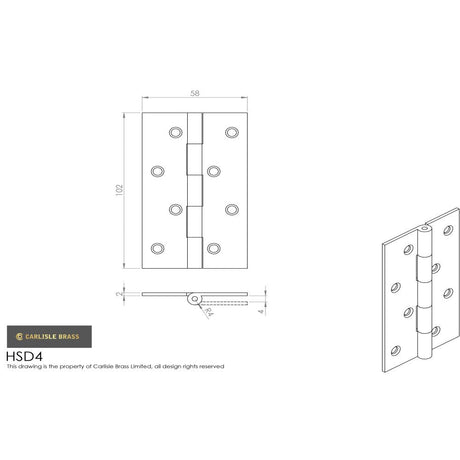 This image is a line drwaing of a Carlisle Brass - 102 x 58mm Solid Drawn Brass Butt Hinge - Satin Brass available to order from T.H Wiggans Architectural Ironmongery in in Kendal