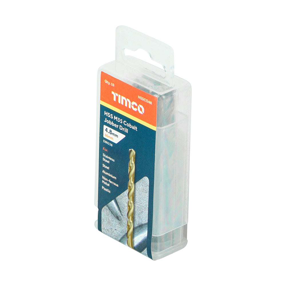 This is an image showing TIMCO Ground Jobber Drills - Cobalt M35 - 4.8mm - 10 Pieces Tube available from T.H Wiggans Ironmongery in Kendal, quick delivery at discounted prices.