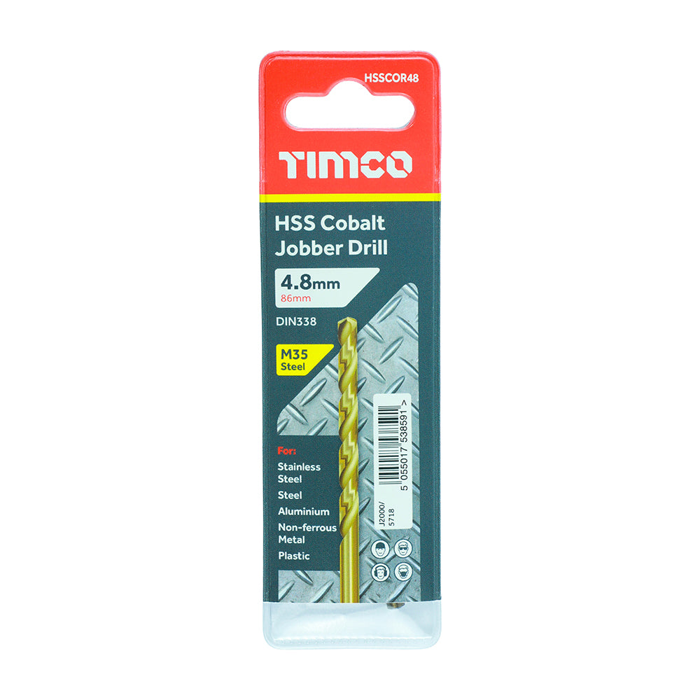 This is an image showing TIMCO Ground Jobber Drills - Cobalt M35 - 4.8mm - 1 Each Wallet available from T.H Wiggans Ironmongery in Kendal, quick delivery at discounted prices.
