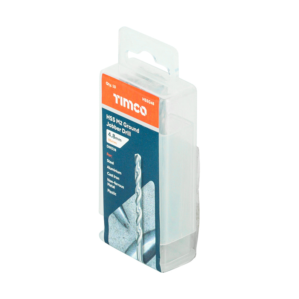 This is an image showing TIMCO Ground Jobber Drills - HSS M2 - 4.8mm - 10 Pieces Tube available from T.H Wiggans Ironmongery in Kendal, quick delivery at discounted prices.