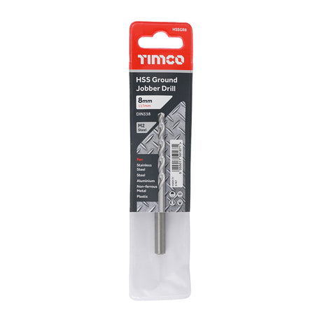 This is an image showing TIMCO Ground Jobber Drills - HSS M2 - 8.0mm - 1 Each Wallet available from T.H Wiggans Ironmongery in Kendal, quick delivery at discounted prices.