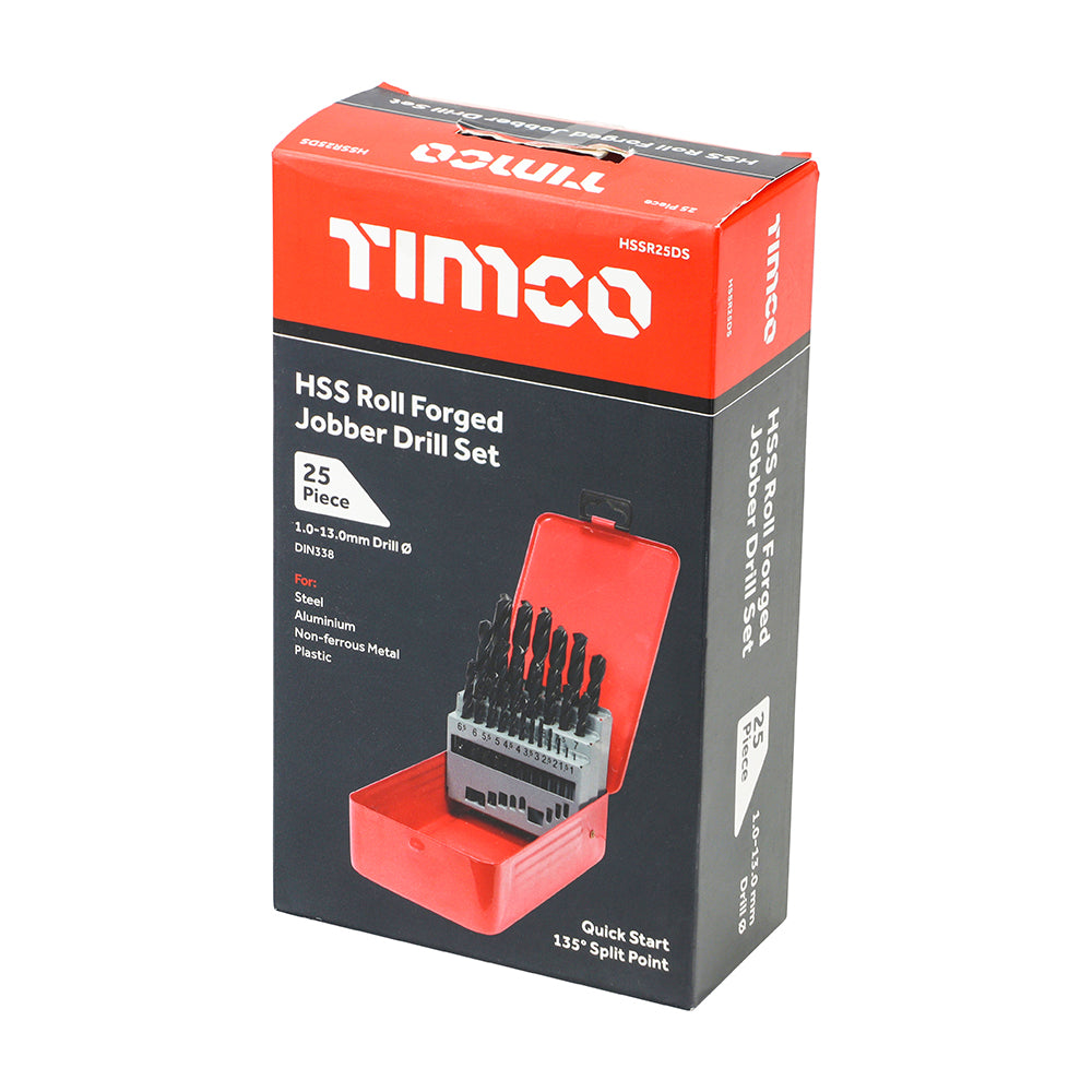 This is an image showing TIMCO Roll Forged Jobber Drills Set - HSS - 25pcs - 25 Pieces Case available from T.H Wiggans Ironmongery in Kendal, quick delivery at discounted prices.