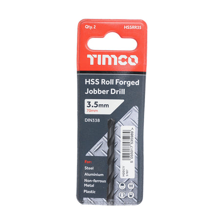 This is an image showing TIMCO Roll Forged Jobber Drills - HSS - 3.5mm - 2 Pieces Wallet available from T.H Wiggans Ironmongery in Kendal, quick delivery at discounted prices.