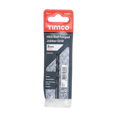 This is an image showing TIMCO Roll Forged Jobber Drills - HSS - 5.0mm - 2 Pieces Wallet available from T.H Wiggans Ironmongery in Kendal, quick delivery at discounted prices.